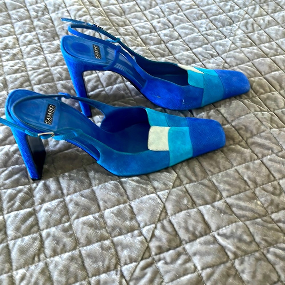 Cobalt multi blue suede sling back heels